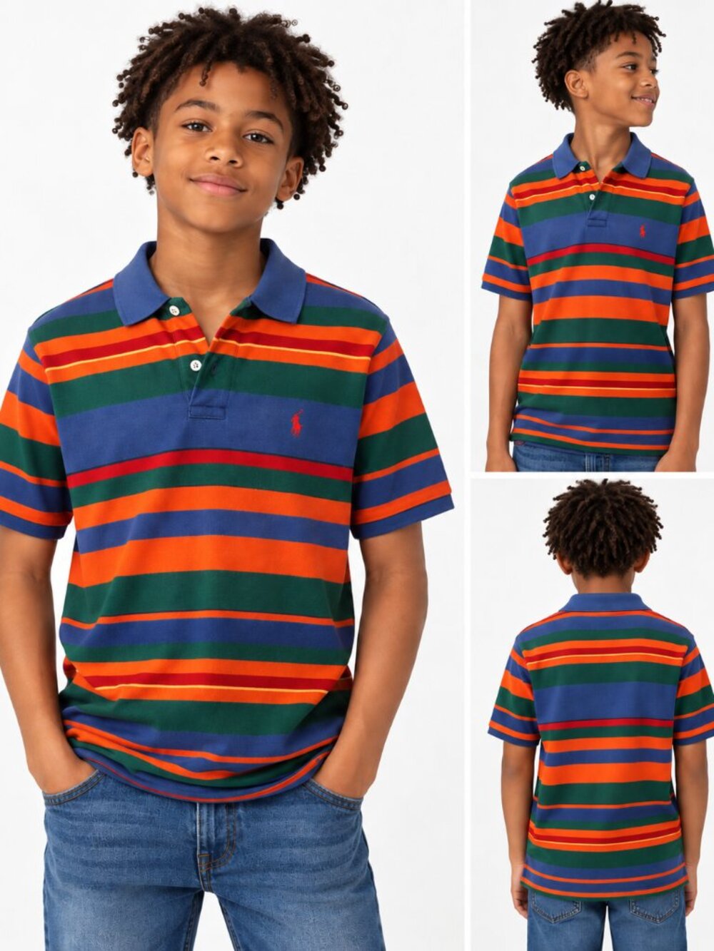 Vintage Polo by Ralph Lauren Orange Green Blue Colorblock Striped Polo Youth LG